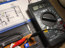 Fine tuning the charging voltage with the trim-pot. This has to be done without load - no battery connected. The battery packs reach a max of 2.7 V, so 2.9 is about right.